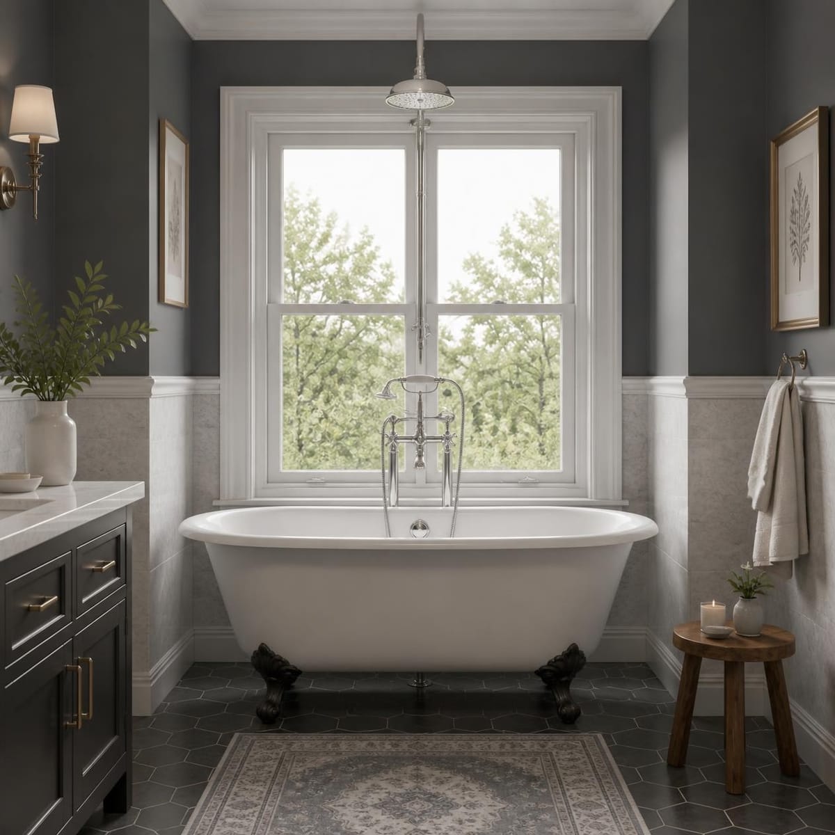 Clawfoot tub in a dark-walled bath with a window and marble wainscot