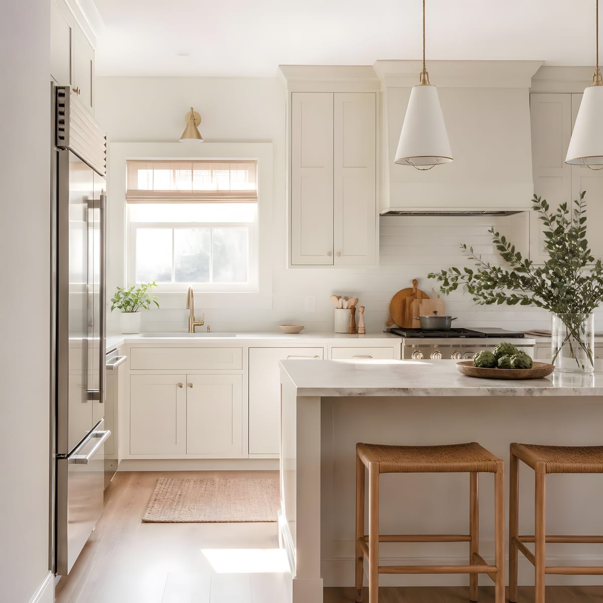 Cream kitchen with a marble island and cone pendants